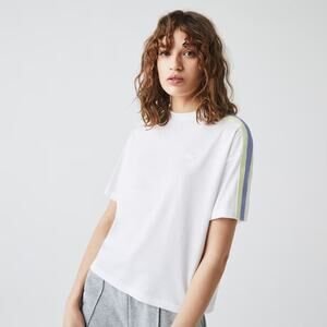 Lacoste Women Contrast Bands Stripe White Everyday Tee T Shirt Size 42 Large